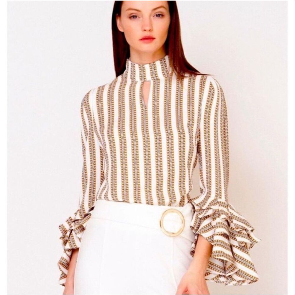 Gracia Chain Print Ruffle Sleeve Blouse White Striped Nwt Size Large